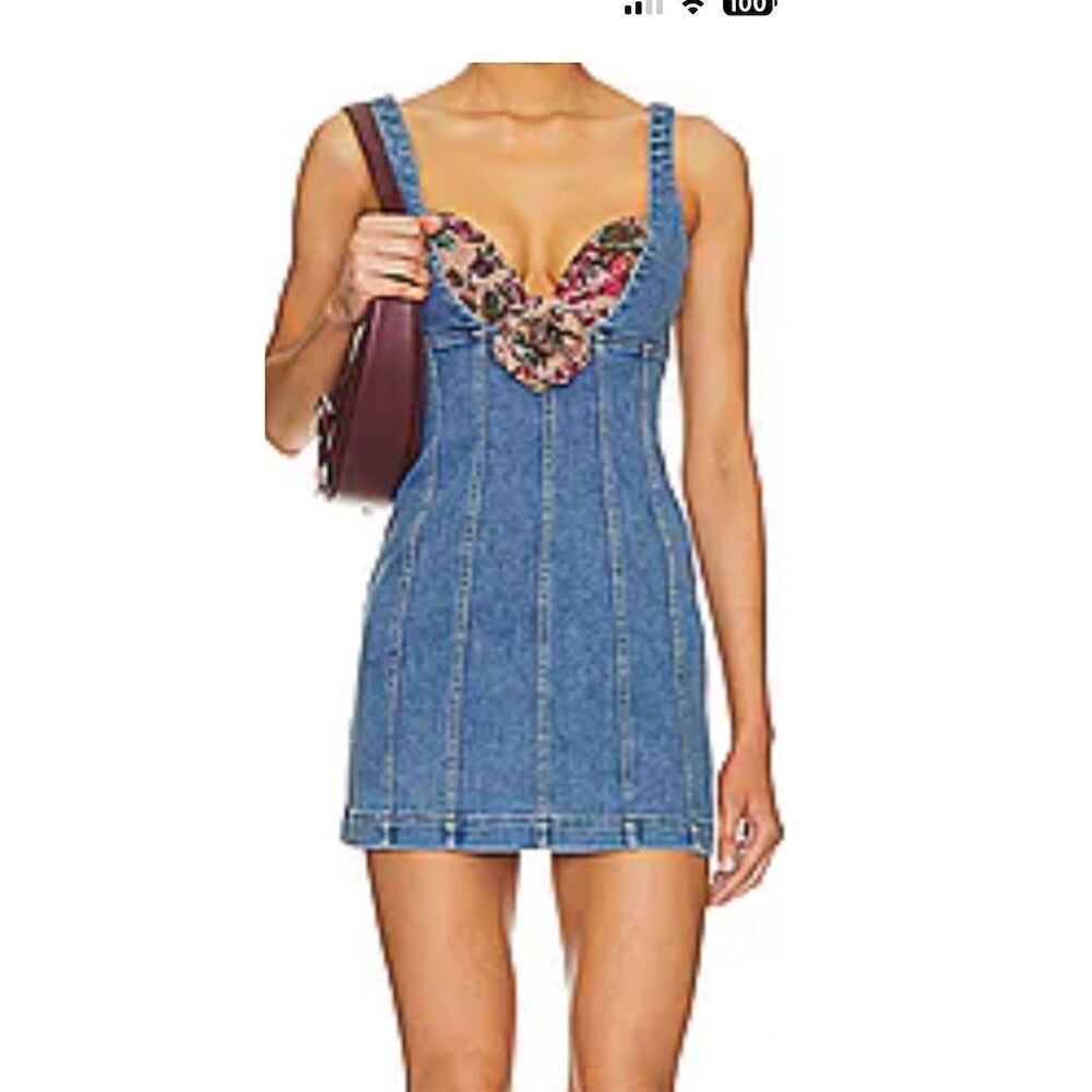 MAJORELLE Blue Denim Mini Dress with Floral Trim
